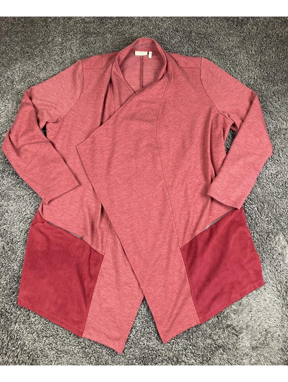 LOGO Lounge Lori Goldstein Cardigan Pink/Red  French Terry Cascading Cardigan 1X